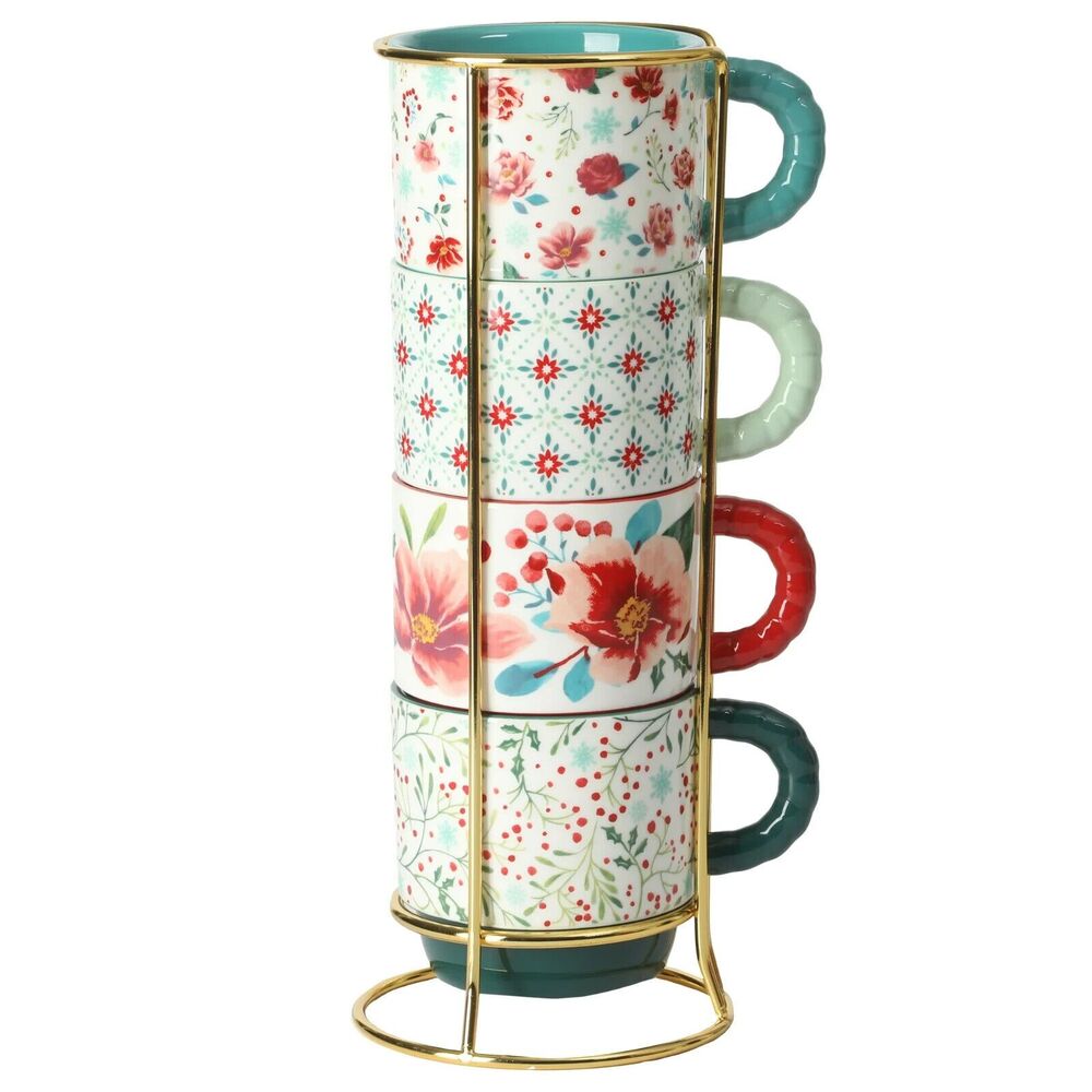 Pioneer Woman Merry Meadow 12.5oz Stoneware Stacking Mugs Rack 5Pcs Holiday Cups